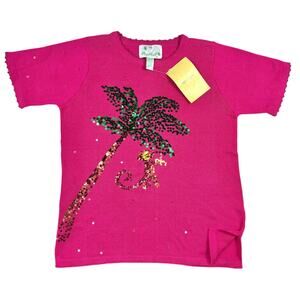 NWT Quacker Factory Pink Sweater Women's Medium Monkey Palm Tree Sequins NEW